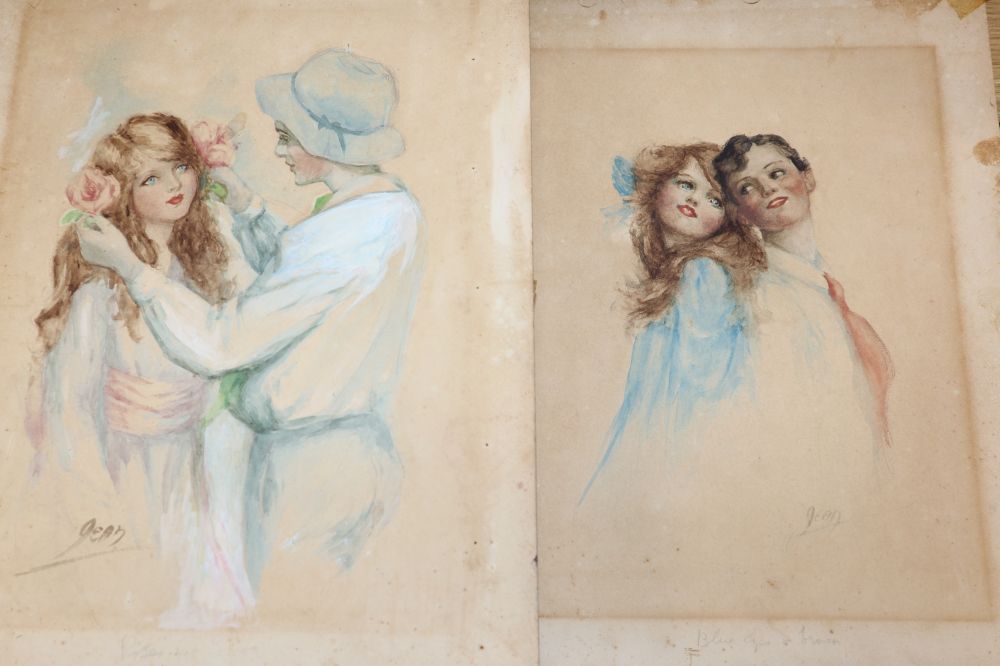 Jean, early 20th century, two watercolours, Young man and girl, 37 x 27.5cm, unframed